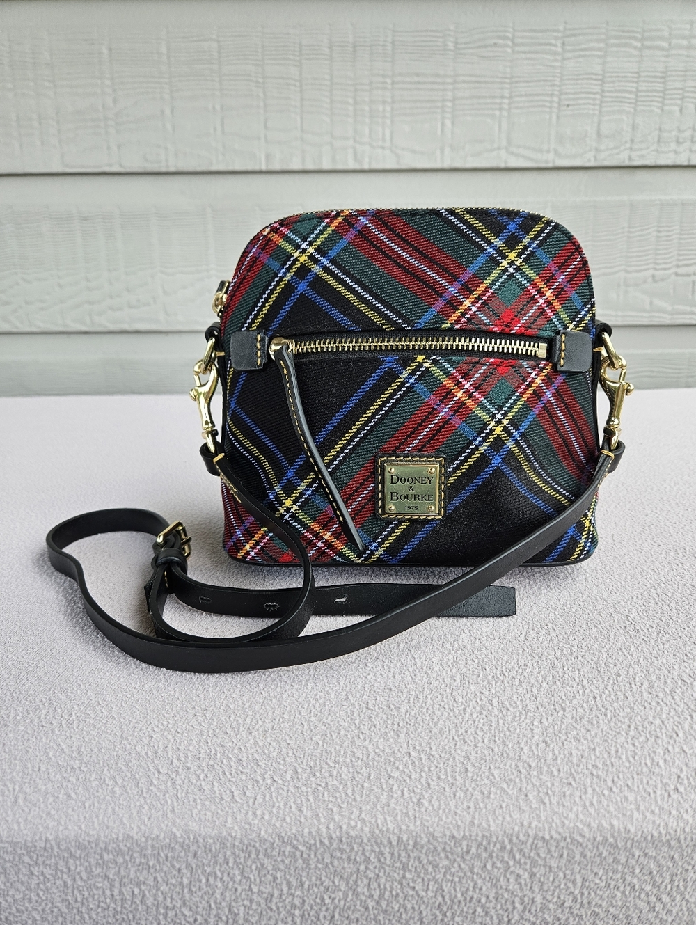 Dooney & Bourke Black Tartan Plaid Domed Crossbody Shoulder Bag Purse Fabric